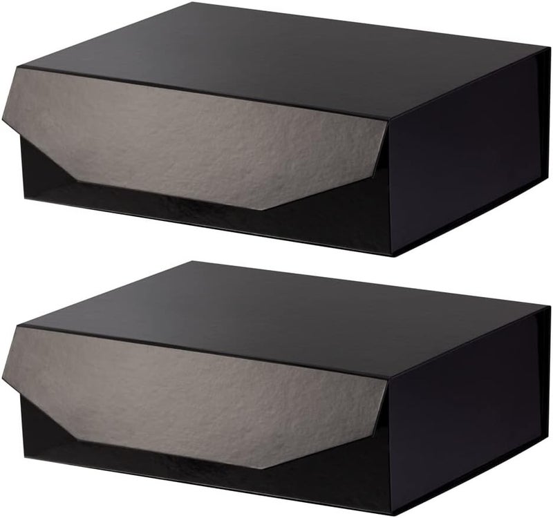 PACKGILO 2 Black Large Collapsible Gift Box with Lid 13x9x4 Inches, Bridesmaid Proposal Box, Hard Box with Magnetic Closure, Groomsman Box Reusable Gift Box for Clothes (Glossy Black) - Image 1